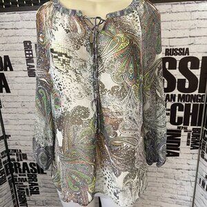 Figueroa & Flower L Green Sheer Paisley Print Lace-Up Neck 3/4 Sleeve Top